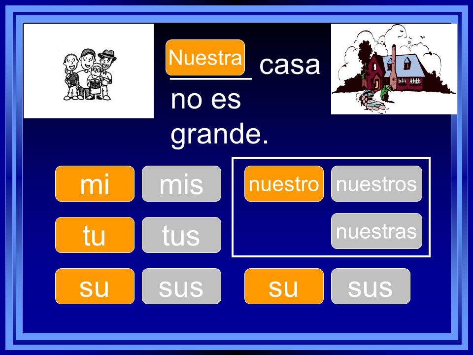 _____ casa no es grande. mi mis tu tus su sus su sus Nuestra nuestro