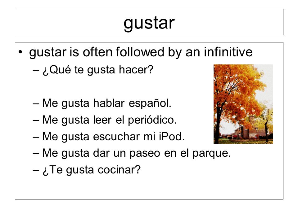 gustar gustar is often followed by an infinitive ¿Qué te gusta hacer
