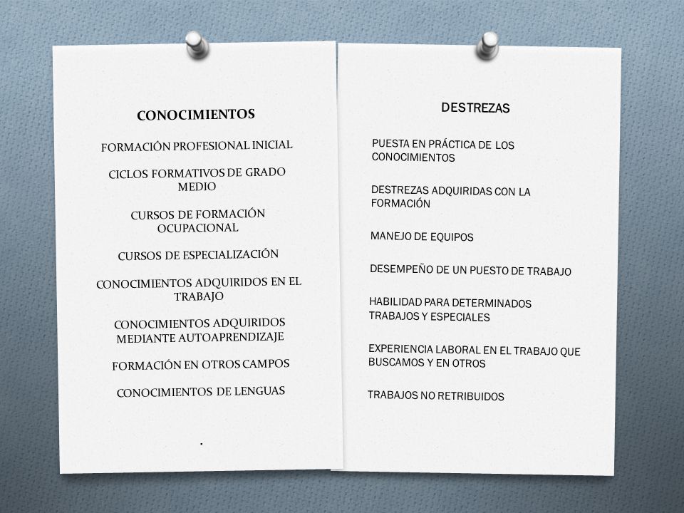 CONOCIMIENTOS FORMACIÓN PROFESIONAL INICIAL CICLOS FORMATIVOS DE GRADO MEDIO CURSOS DE FORMACIÓN OCUPACIONAL CURSOS DE ESPECIALIZACIÓN CONOCIMIENTOS ADQUIRIDOS EN EL TRABAJO CONOCIMIENTOS ADQUIRIDOS MEDIANTE AUTOAPRENDIZAJE FORMACIÓN EN OTROS CAMPOS CONOCIMIENTOS DE LENGUAS