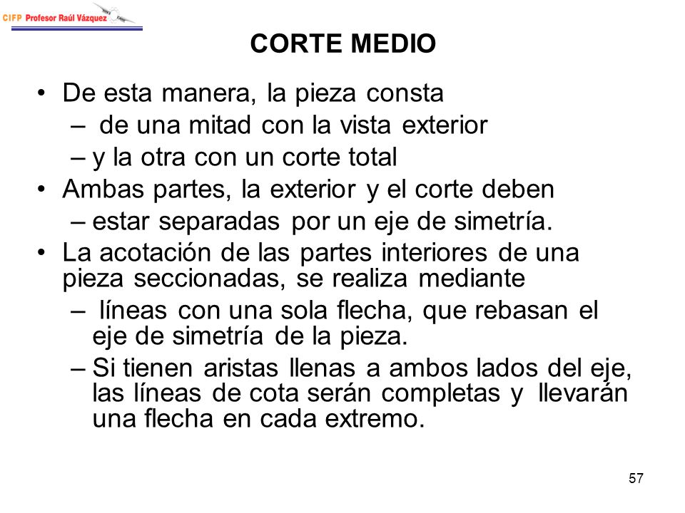 CORTE MEDIO De esta manera, la pieza consta. de una mitad con la vista exterior. y la otra con un corte total.