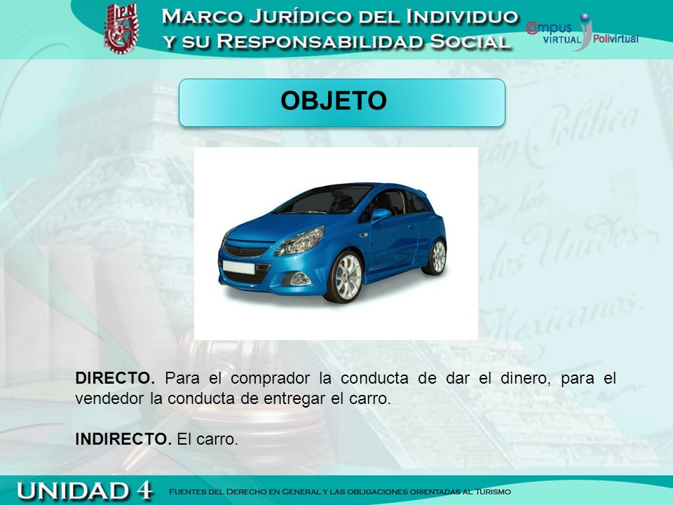 OBJETO DIRECTO. Para el comprador la conducta de dar el dinero, para el vendedor la conducta de entregar el carro.