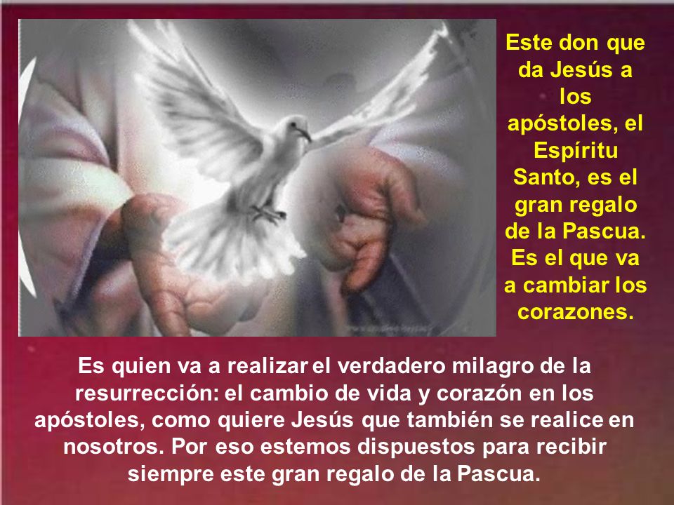 Este don que da Jesús a los apóstoles, el Espíritu Santo, es el gran regalo de la Pascua. Es el que va a cambiar los corazones.