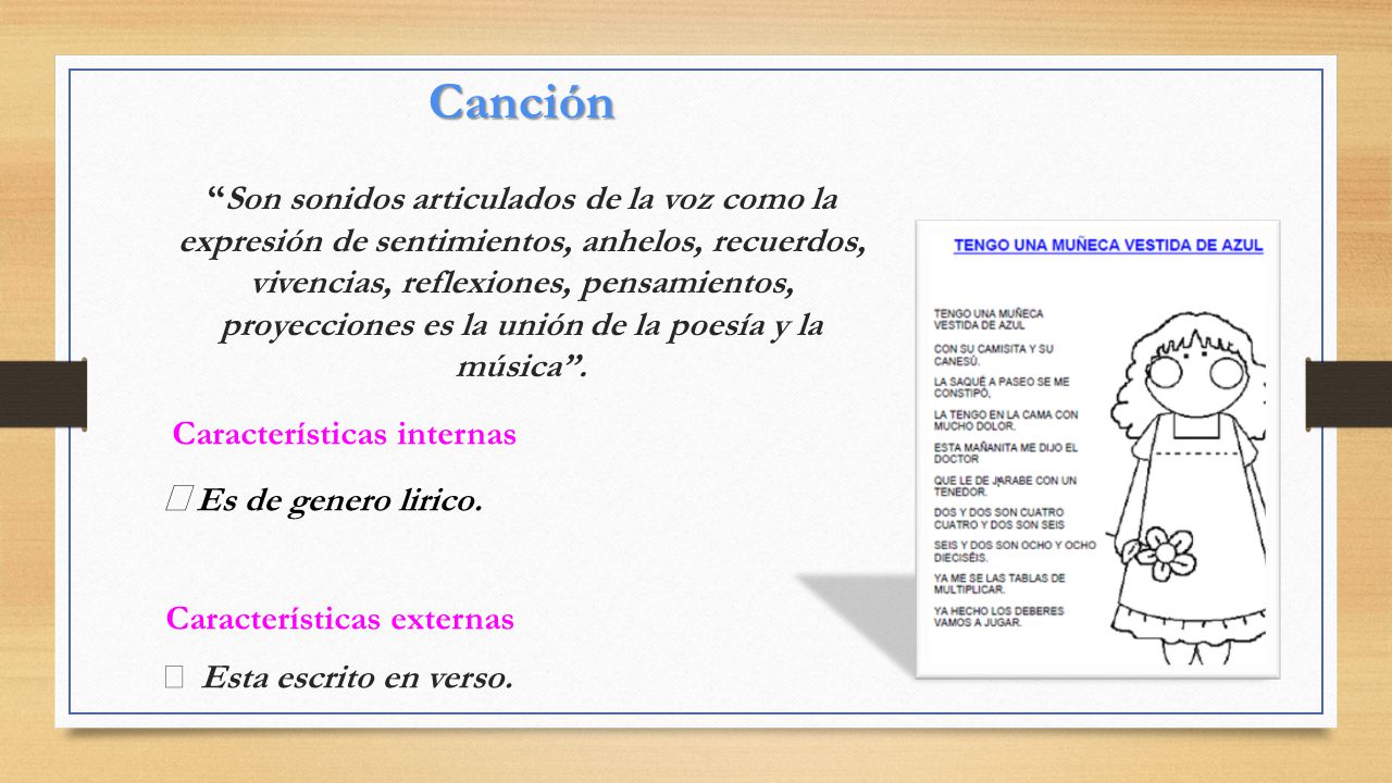Canción Son sonidos articulados de la voz como la expresión de sentimientos, anhelos, recuerdos, vivencias, reflexiones, pensamientos, proyecciones es la unión de la poesía y la música .