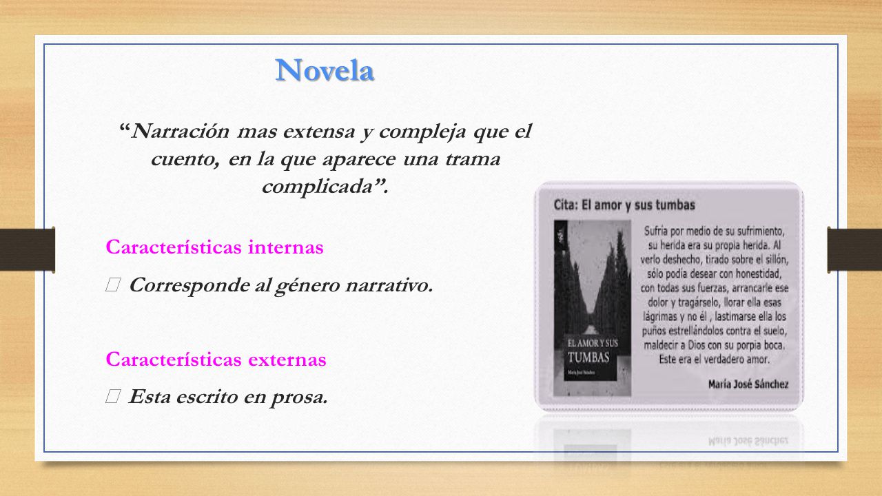 Novela Narración mas extensa y compleja que el cuento, en la que aparece una trama complicada .