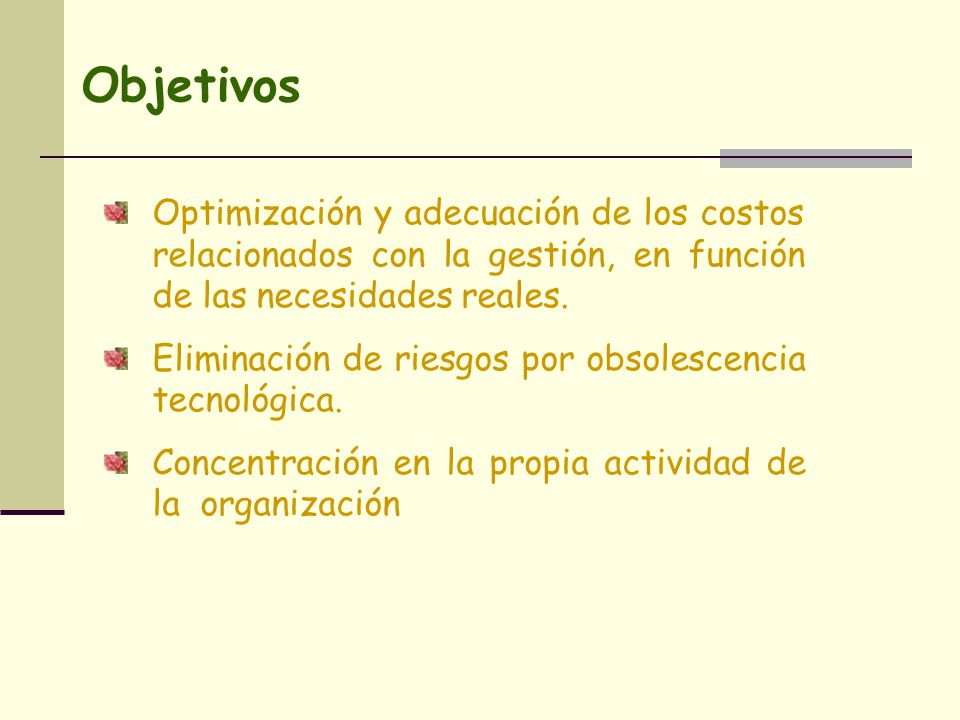 Objetivos Optimización y adecuación de los costos relacionados con la gestión, en función de las necesidades reales.