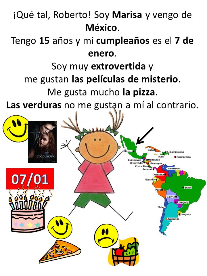 07/01 ¡Qué tal, Roberto! Soy Marisa y vengo de México.