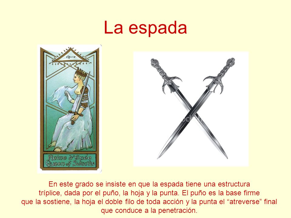 La espada En este grado se insiste en que la espada tiene una estructura. tríplice, dada por el puño, la hoja y la punta. El puño es la base firme.