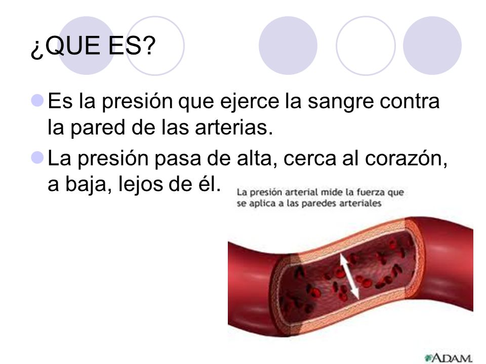 ¿QUE ES. Es la presión que ejerce la sangre contra la pared de las arterias.