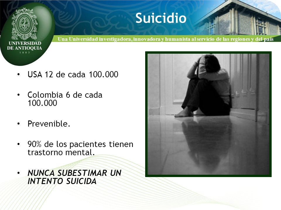 Suicidio USA 12 de cada Colombia 6 de cada Prevenible.