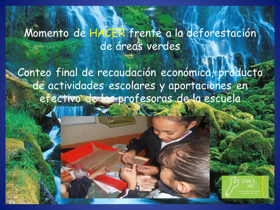 Momento de HACER frente a la deforestación de áreas verdes Conteo final de recaudación económica, producto de actividades escolares y aportaciones en efectivo de las profesoras de la escuela