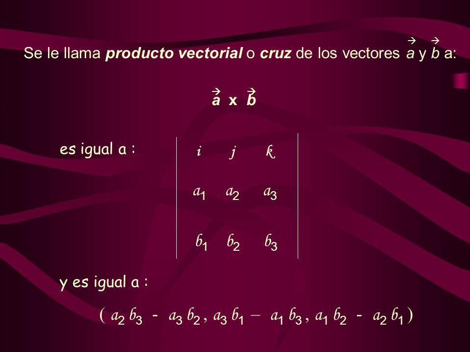 b1 b2 b3 ( a2 b3 - a3 b2 , a3 b1 – a1 b3 , a1 b2 - a2 b1 )