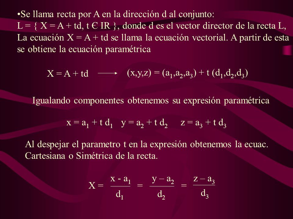 Se llama recta por A en la dirección d al conjunto: