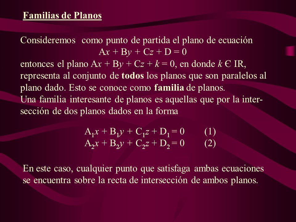 Familias de Planos Consideremos como punto de partida el plano de ecuación. Ax + By + Cz + D = 0.