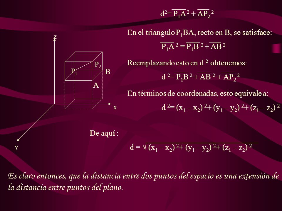 d2= P1A 2 + AP2 2 En el triangulo P1BA, recto en B, se satisface: P1A 2 = P1B 2 + AB 2. y. x. z.