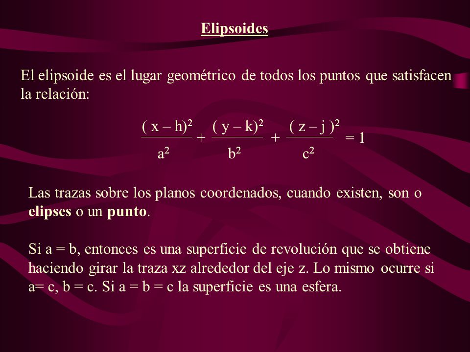 Elipsoides El elipsoide es el lugar geométrico de todos los puntos que satisfacen la relación: + a2.