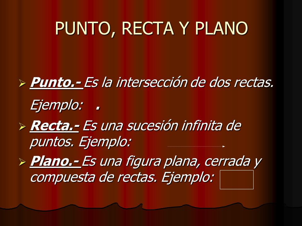 PUNTO, RECTA Y PLANO Punto.- Es la intersección de dos rectas. Ejemplo: . Recta.- Es una sucesión infinita de puntos. Ejemplo: