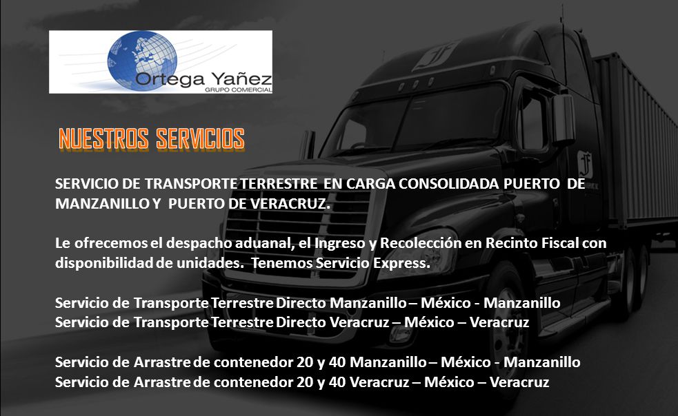 NUESTROS SERVICIOS SERVICIO DE TRANSPORTE TERRESTRE EN CARGA CONSOLIDADA PUERTO DE MANZANILLO Y PUERTO DE VERACRUZ.