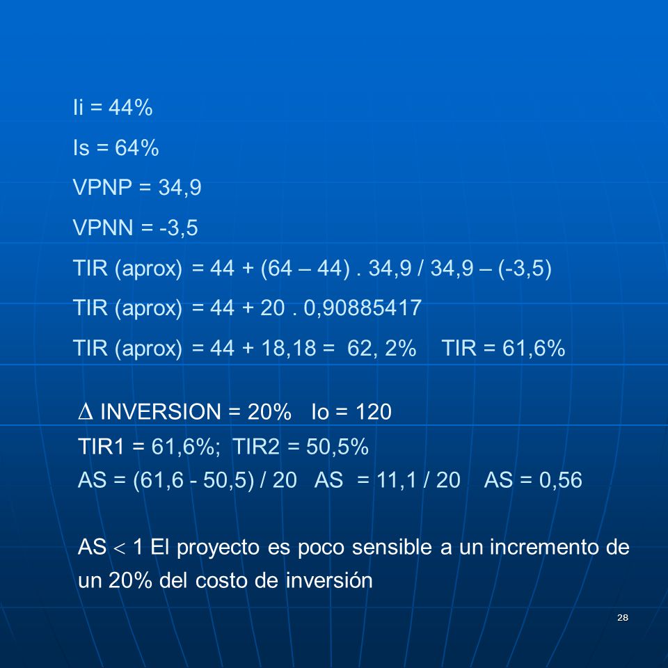  INVERSION = 20% Io = 120 Ii = 44% Is = 64% VPNP = 34,9 VPNN = -3,5