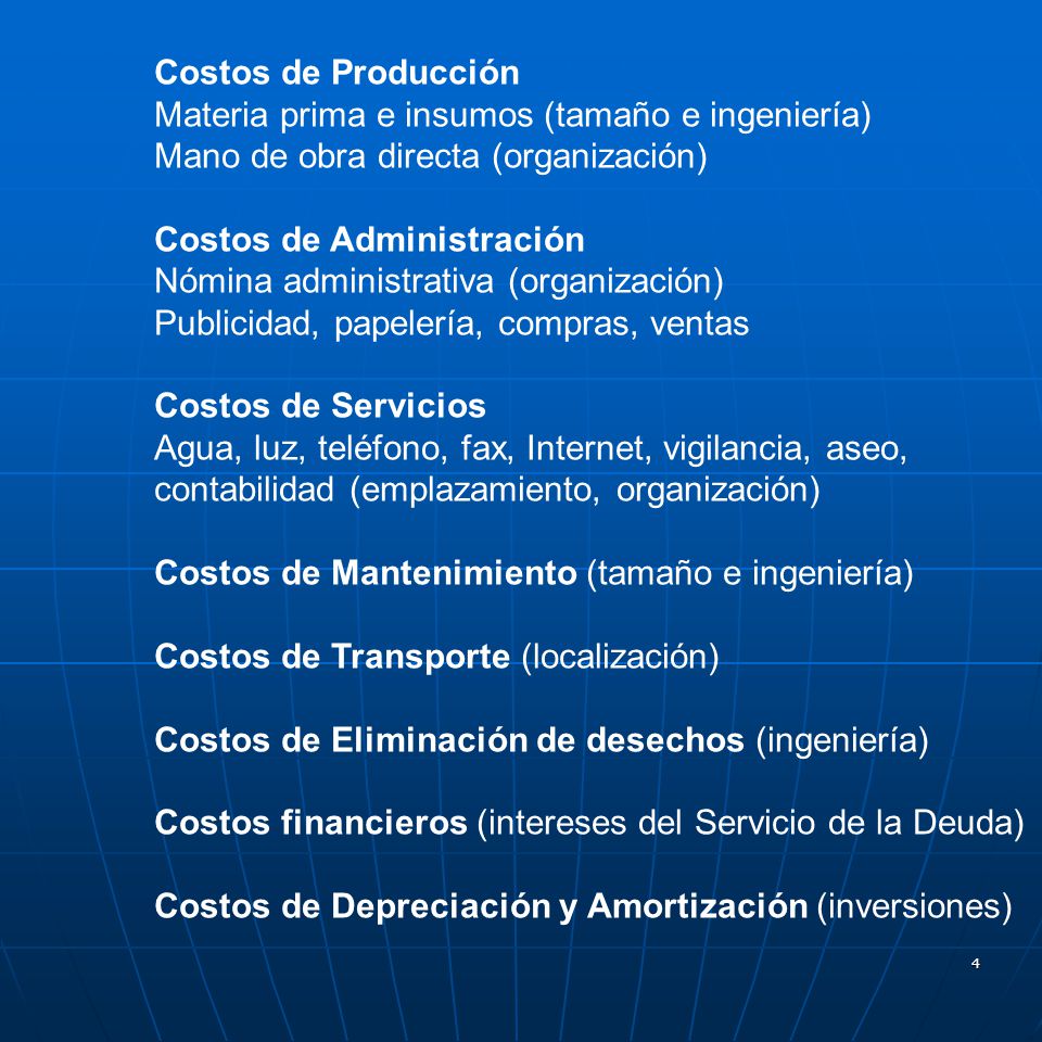 Costos de Producción Materia prima e insumos (tamaño e ingeniería) Mano de obra directa (organización)
