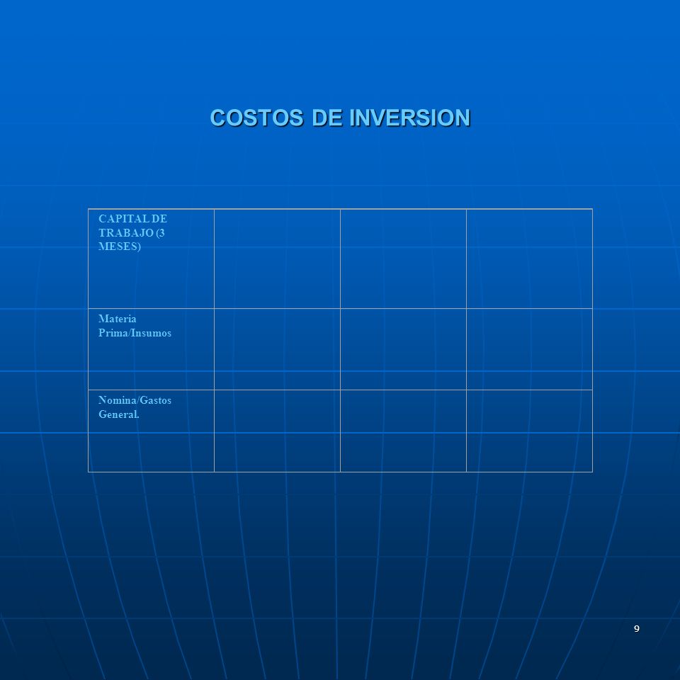 COSTOS DE INVERSION CAPITAL DE TRABAJO (3 MESES) Materia Prima/Insumos