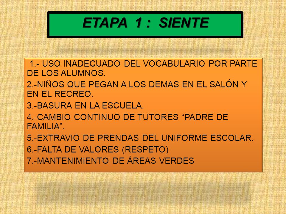 ETAPA 1 : SIENTE 1.- USO INADECUADO DEL VOCABULARIO POR PARTE DE LOS ALUMNOS. 2.-NIÑOS QUE PEGAN A LOS DEMAS EN EL SALÓN Y EN EL RECREO.