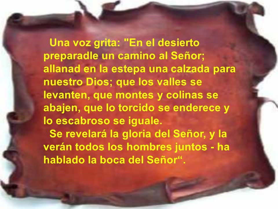 Una voz grita: En el desierto preparadle un camino al Señor; allanad en la estepa una calzada para nuestro Dios; que los valles se levanten, que montes y colinas se abajen, que lo torcido se enderece y lo escabroso se iguale.
