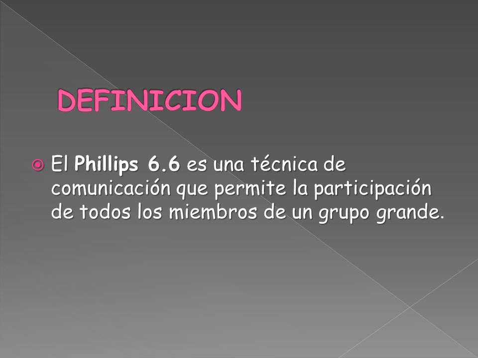 DEFINICION El Phillips 6.6 es una técnica de comunicación que permite la participación de todos los miembros de un grupo grande.