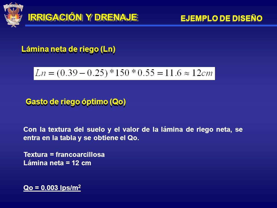 IRRIGACIÓN Y DRENAJE EJEMPLO DE DISEÑO Lámina neta de riego (Ln)