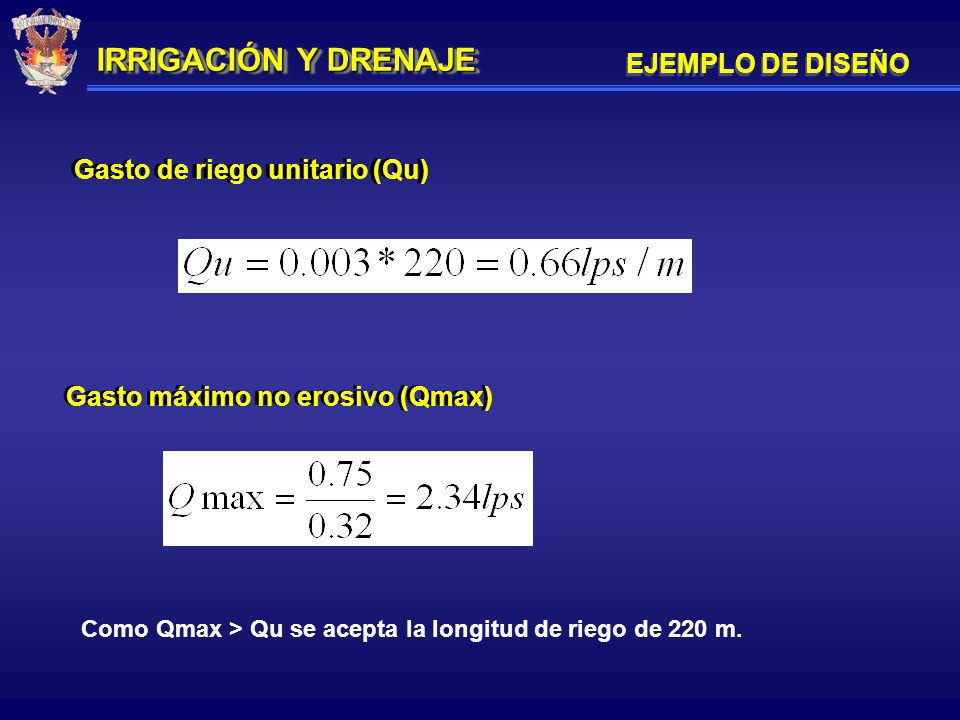 IRRIGACIÓN Y DRENAJE EJEMPLO DE DISEÑO Gasto de riego unitario (Qu)