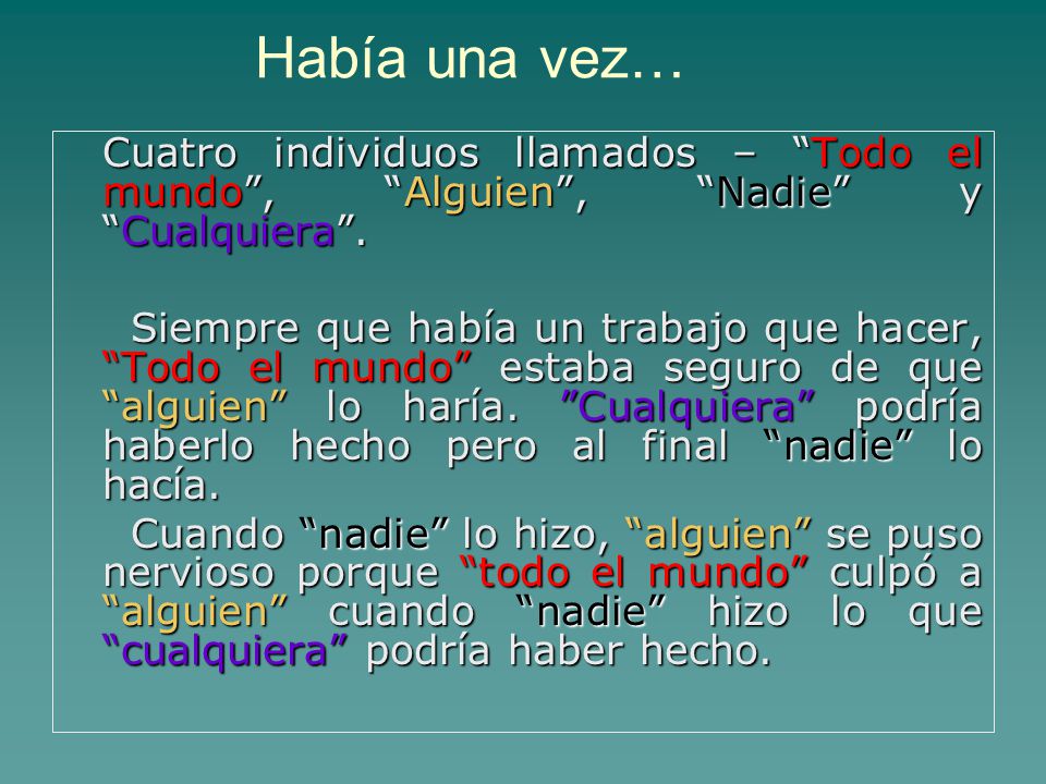 Había una vez… Cuatro individuos llamados – Todo el mundo , Alguien , Nadie y Cualquiera .