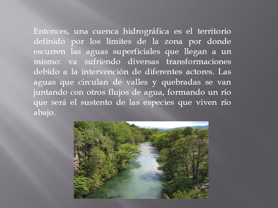 Entonces, una cuenca hidrográfica es el territorio definido por los límites de la zona por donde escurren las aguas superficiales que llegan a un mismo: va sufriendo diversas transformaciones debido a la intervención de diferentes actores.