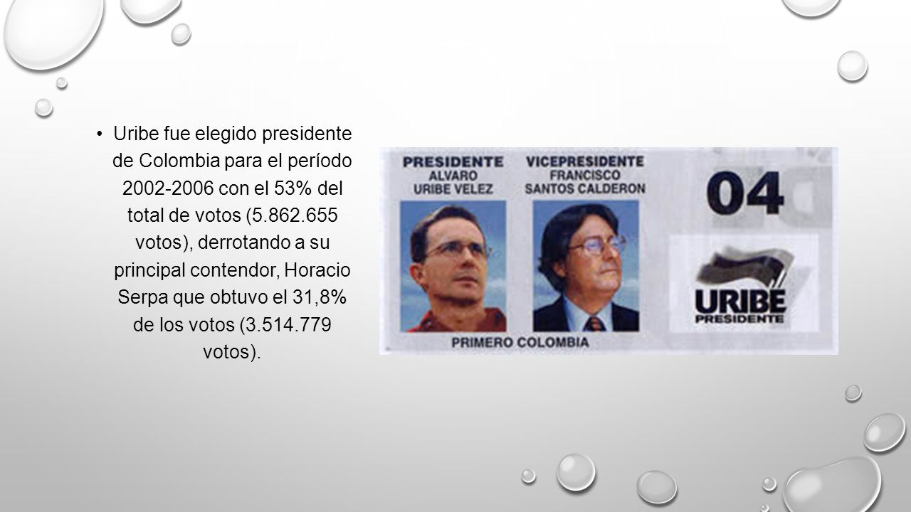 Uribe fue elegido presidente de Colombia para el período con el 53% del total de votos ( votos), derrotando a su principal contendor, Horacio Serpa que obtuvo el 31,8% de los votos ( votos).
