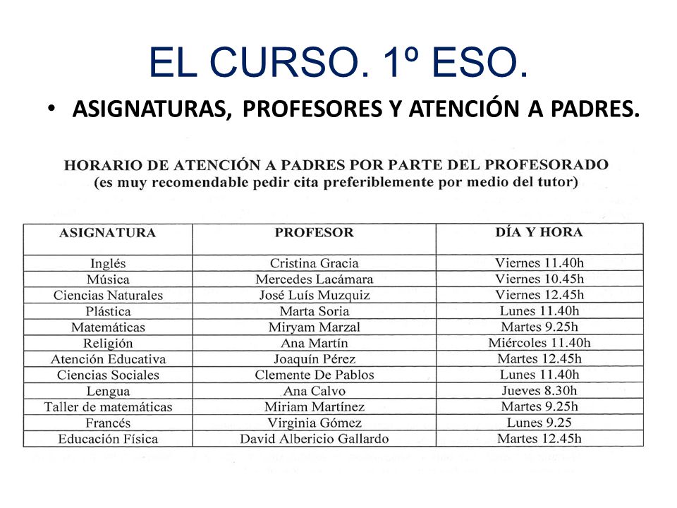 EL CURSO. 1º ESO. ASIGNATURAS, PROFESORES Y ATENCIÓN A PADRES.