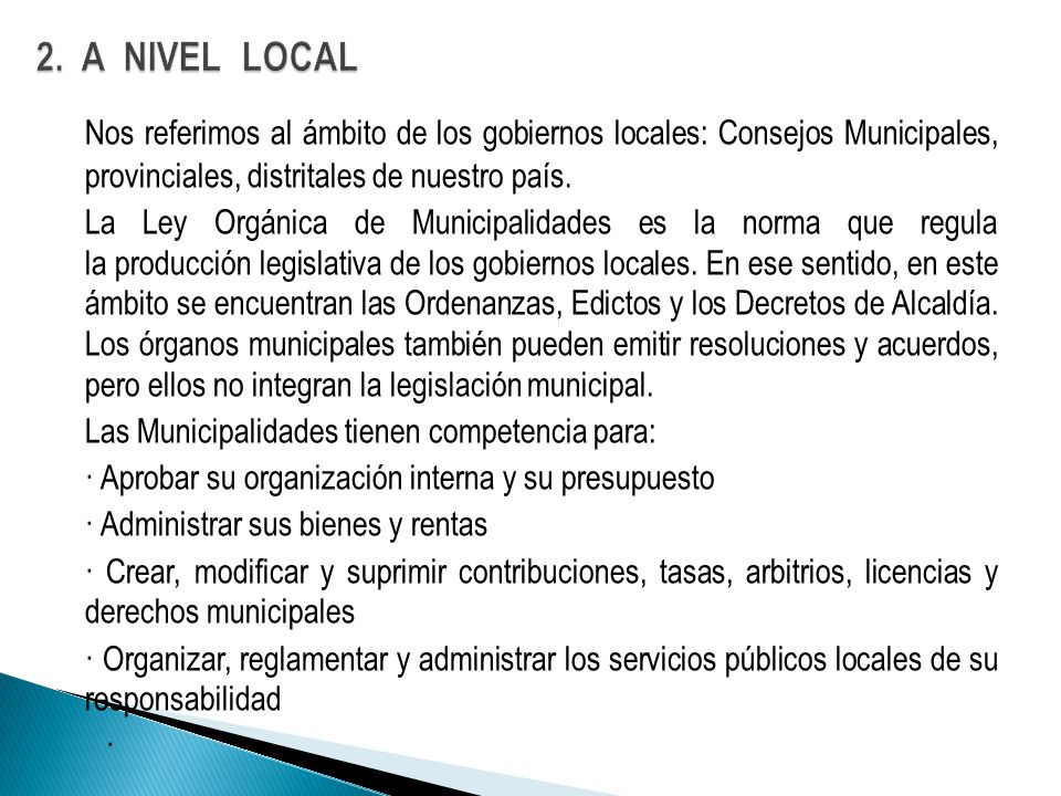 2. A NIVEL LOCAL Nos referimos al ámbito de los gobiernos locales: Consejos Municipales, provinciales, distritales de nuestro país.