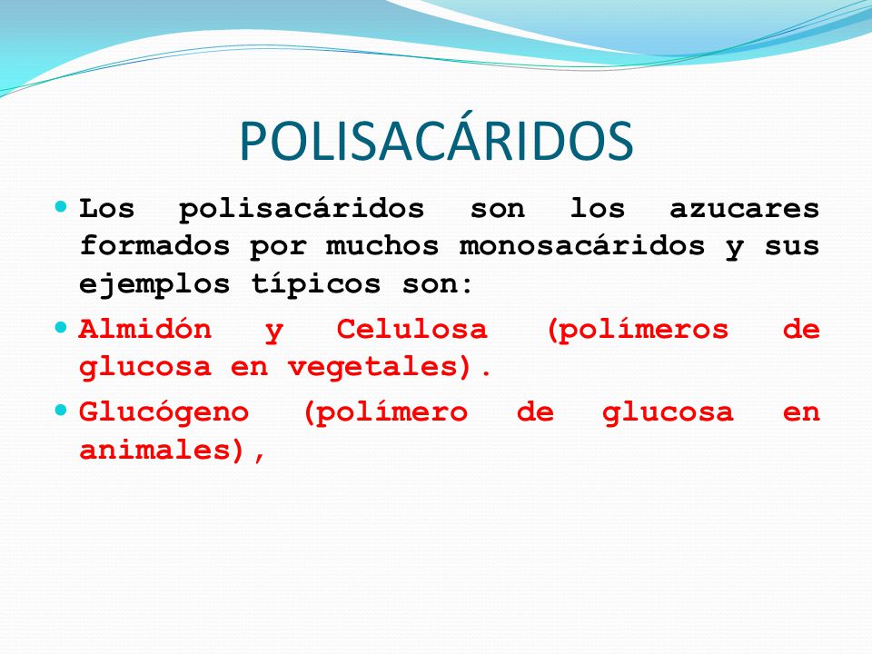 POLISACÁRIDOS Los polisacáridos son los azucares formados por muchos monosacáridos y sus ejemplos típicos son: