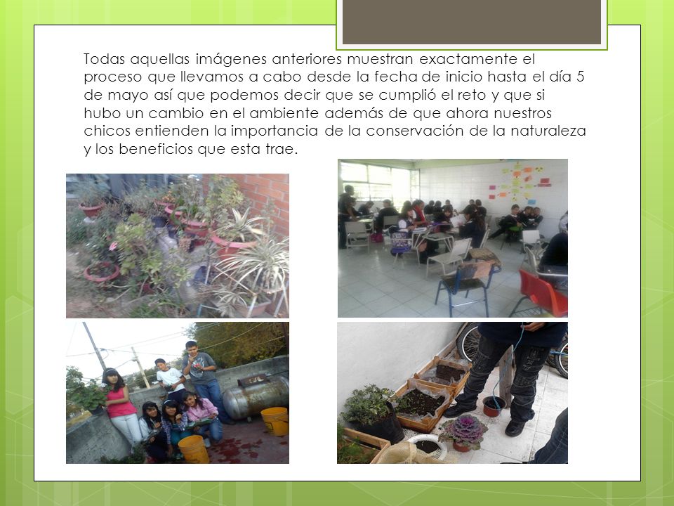Todas aquellas imágenes anteriores muestran exactamente el proceso que llevamos a cabo desde la fecha de inicio hasta el día 5 de mayo así que podemos decir que se cumplió el reto y que si hubo un cambio en el ambiente además de que ahora nuestros chicos entienden la importancia de la conservación de la naturaleza y los beneficios que esta trae.