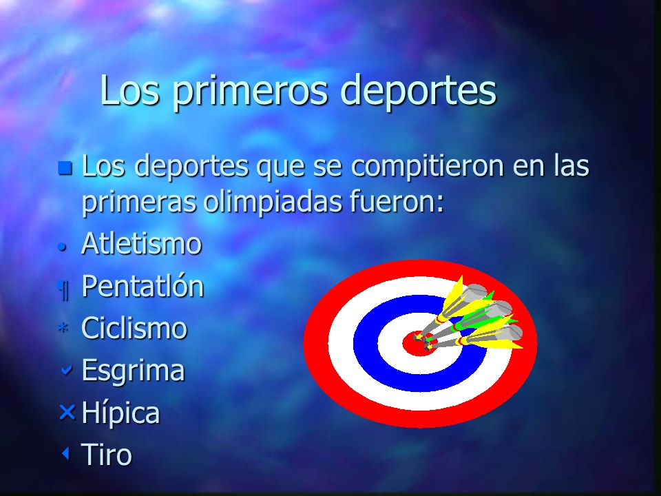 Los primeros deportes Los deportes que se compitieron en las primeras olimpiadas fueron: Atletismo.