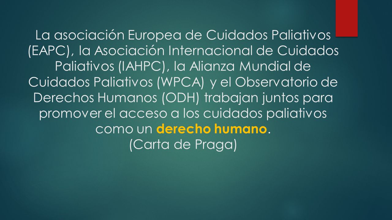 La asociación Europea de Cuidados Paliativos (EAPC), la Asociación Internacional de Cuidados Paliativos (IAHPC), la Alianza Mundial de Cuidados Paliativos (WPCA) y el Observatorio de Derechos Humanos (ODH) trabajan juntos para promover el acceso a los cuidados paliativos como un derecho humano.