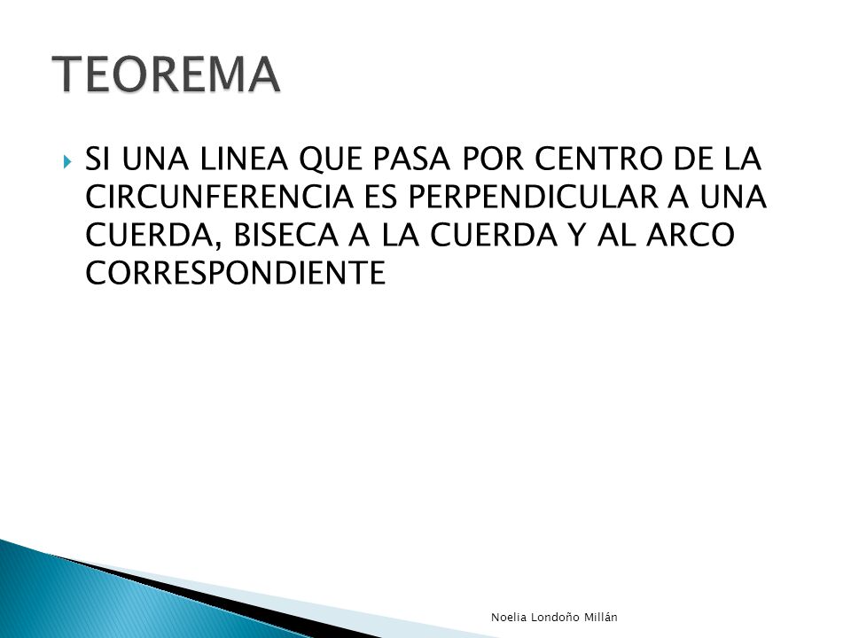 TEOREMA SI UNA LINEA QUE PASA POR CENTRO DE LA CIRCUNFERENCIA ES PERPENDICULAR A UNA CUERDA, BISECA A LA CUERDA Y AL ARCO CORRESPONDIENTE.