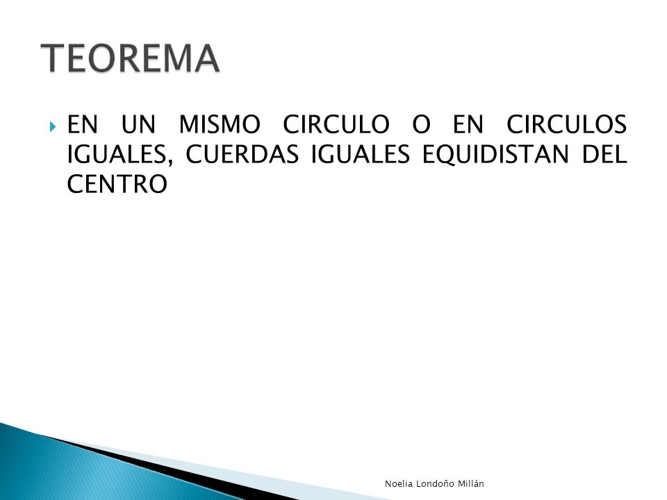 TEOREMA EN UN MISMO CIRCULO O EN CIRCULOS IGUALES, CUERDAS IGUALES EQUIDISTAN DEL CENTRO.