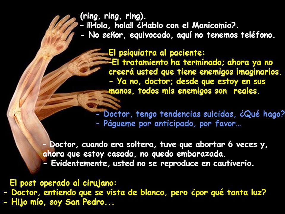 (ring, ring, ring). – ¡¡Hola, hola!! ¿Hablo con el Manicomio . - No señor, equivocado, aquí no tenemos teléfono.