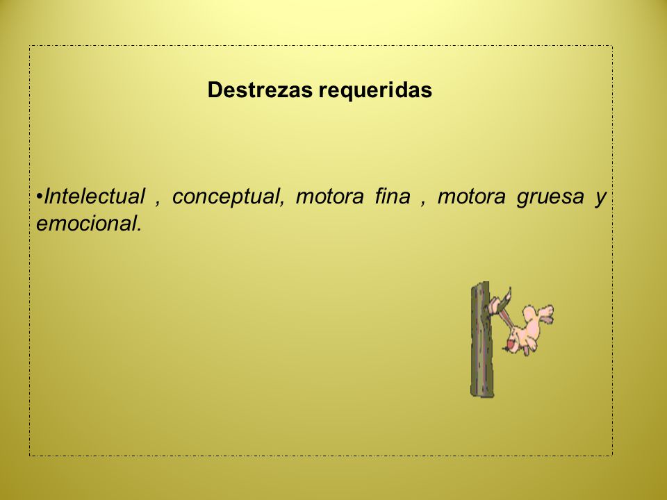 Destrezas requeridas Intelectual , conceptual, motora fina , motora gruesa y emocional.