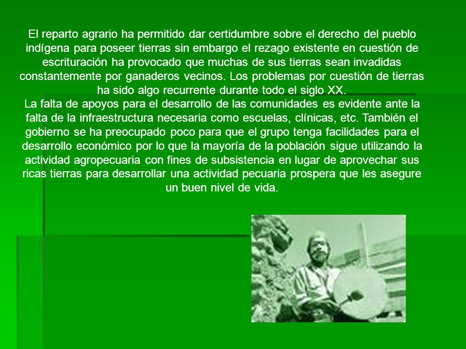 El reparto agrario ha permitido dar certidumbre sobre el derecho del pueblo indígena para poseer tierras sin embargo el rezago existente en cuestión de escrituración ha provocado que muchas de sus tierras sean invadidas constantemente por ganaderos vecinos. Los problemas por cuestión de tierras ha sido algo recurrente durante todo el siglo XX.