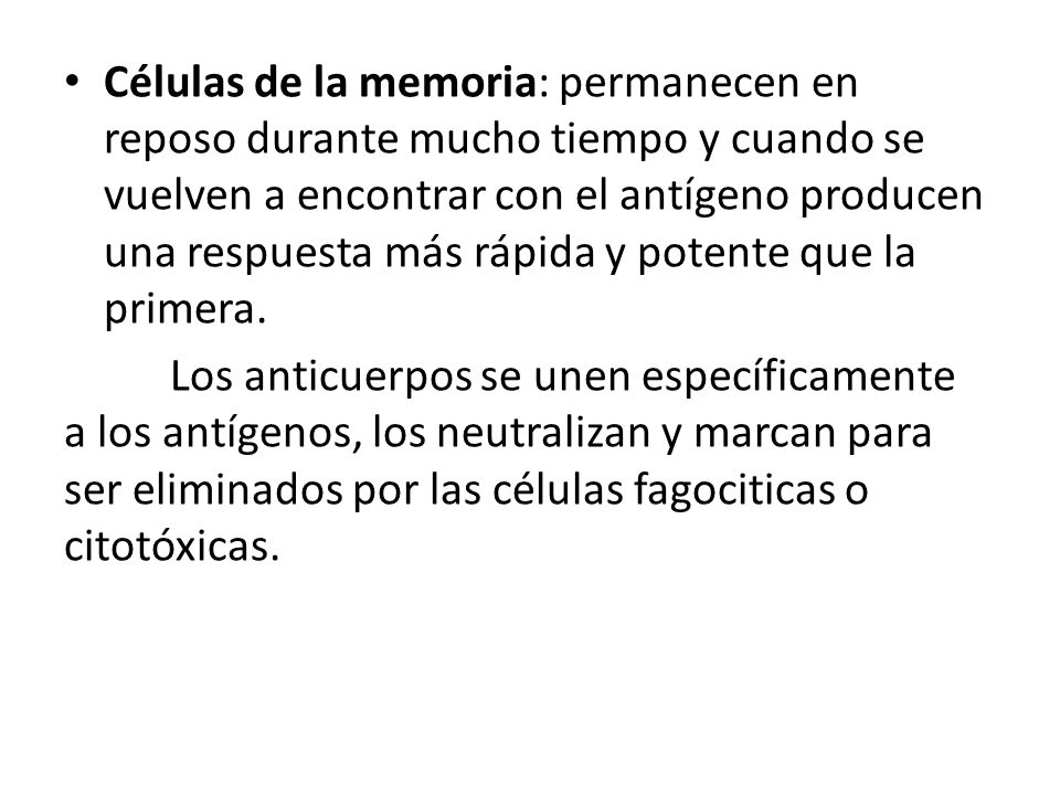 Células de la memoria: permanecen en reposo durante mucho tiempo y cuando se vuelven a encontrar con el antígeno producen una respuesta más rápida y potente que la primera.