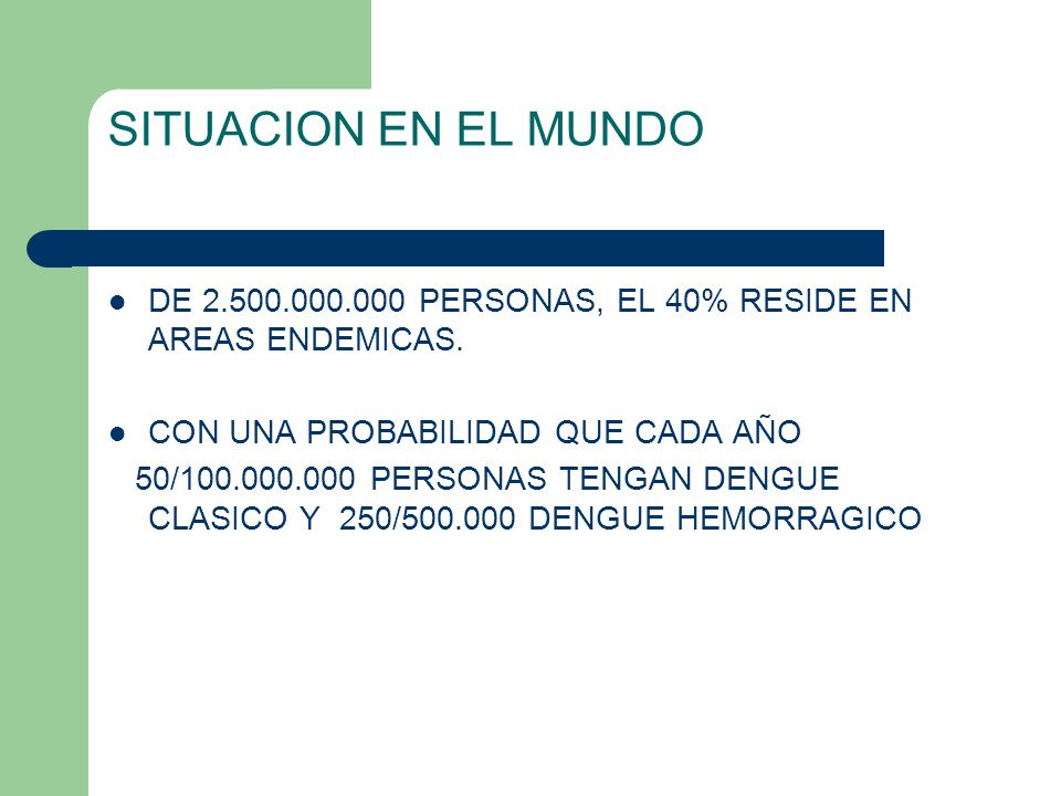SITUACION EN EL MUNDO DE PERSONAS, EL 40% RESIDE EN AREAS ENDEMICAS. CON UNA PROBABILIDAD QUE CADA AÑO.