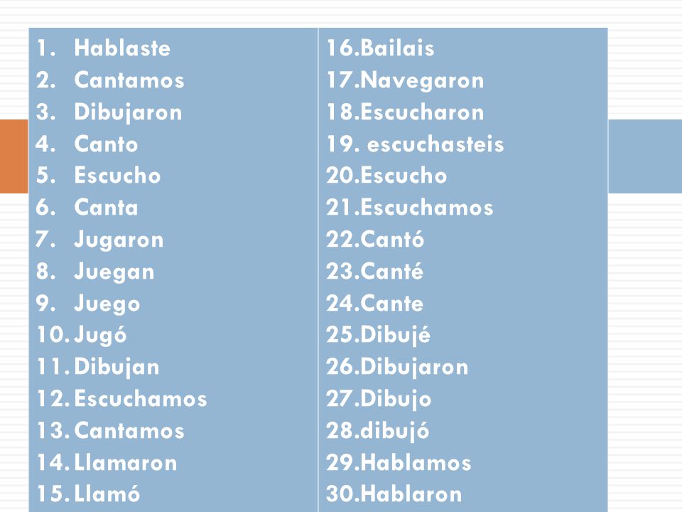 Hablaste Cantamos. Dibujaron. Canto. Escucho. Canta. Jugaron. Juegan. Juego. Jugó. Dibujan.