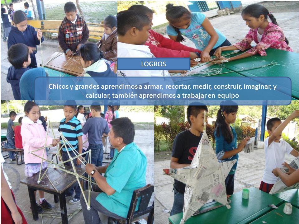 LOGROS Chicos y grandes aprendimos a armar, recortar, medir, construir, imaginar, y calcular, también aprendimos a trabajar en equipo.