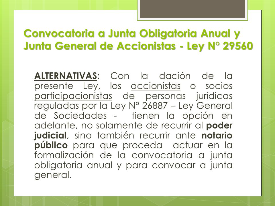 Convocatoria a Junta Obligatoria Anual y Junta General de Accionistas - Ley N° 29560