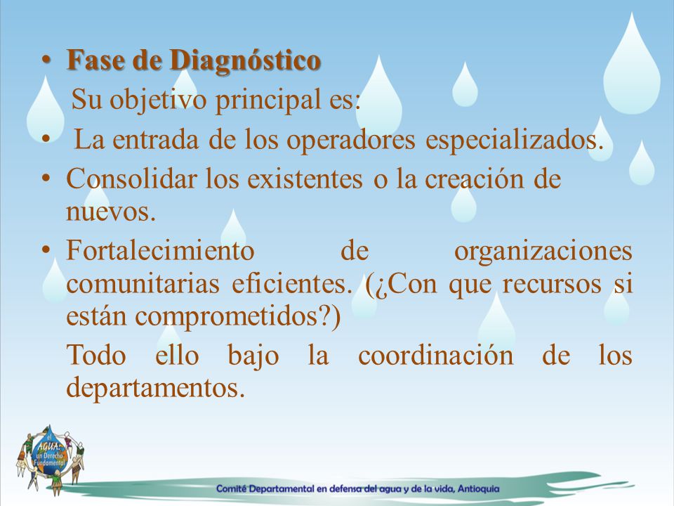 Fase de Diagnóstico Su objetivo principal es: La entrada de los operadores especializados. Consolidar los existentes o la creación de nuevos.