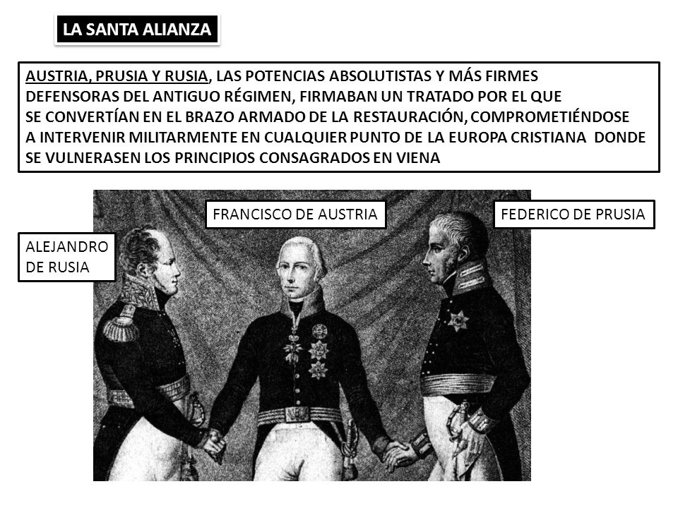 LA SANTA ALIANZA AUSTRIA, PRUSIA Y RUSIA, LAS POTENCIAS ABSOLUTISTAS Y MÁS FIRMES. DEFENSORAS DEL ANTIGUO RÉGIMEN, FIRMABAN UN TRATADO POR EL QUE.